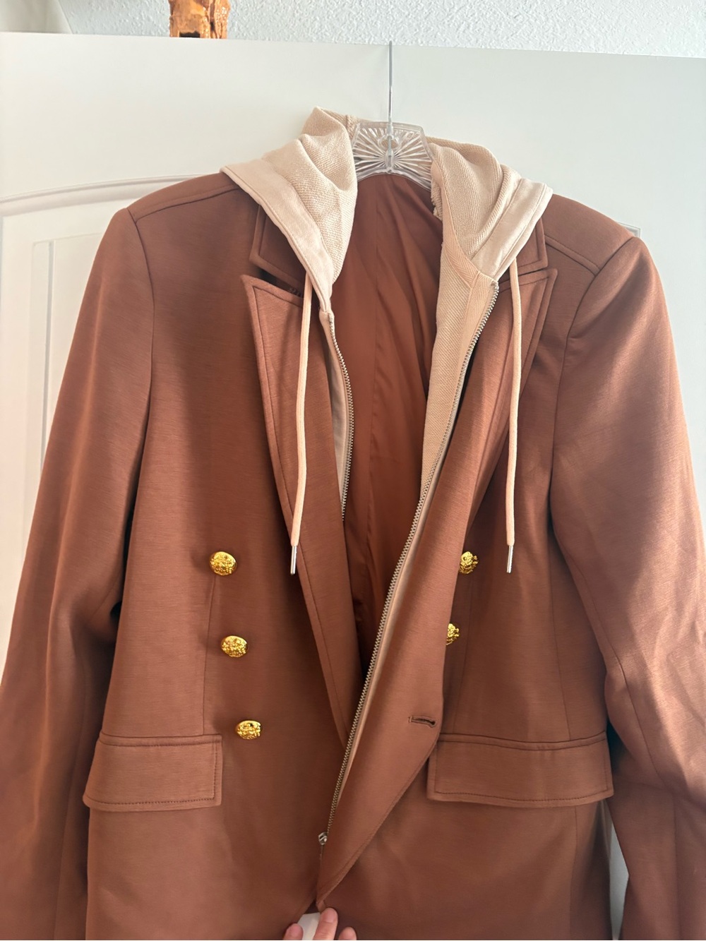 Women's Brown Double-Breasted Blazer with Beige Convertible Hoodie Detail